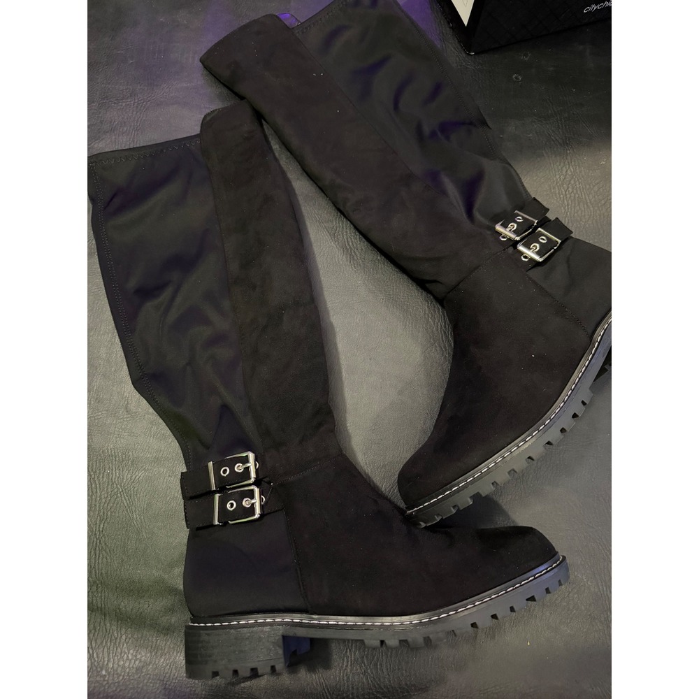 City Chic Samara Black Knee High Lug Sole Buckle Boots Size 44 NEW SZ 13 US